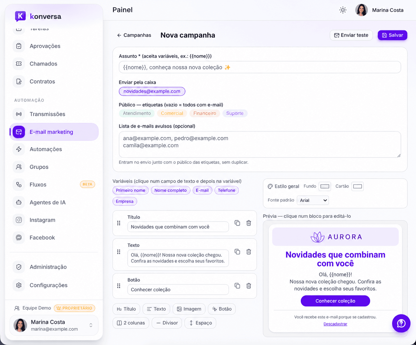 Construtor de campanha de e-mail do Konversa: assunto com variável, público por etiquetas, blocos de título, texto e botão, e prévia do e-mail ao lado
